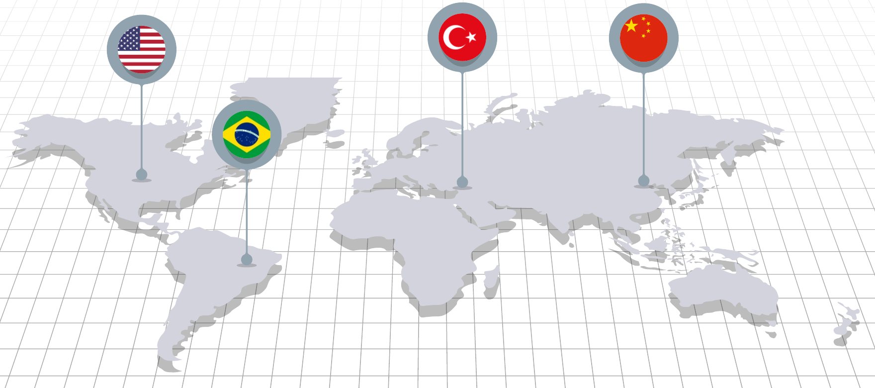Map: United States, Brazil, Turkey and China